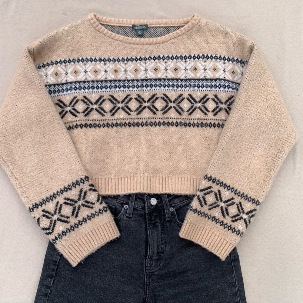 XS Tan and Black Cropped Folk Art Crewneck by Target Wild Fable